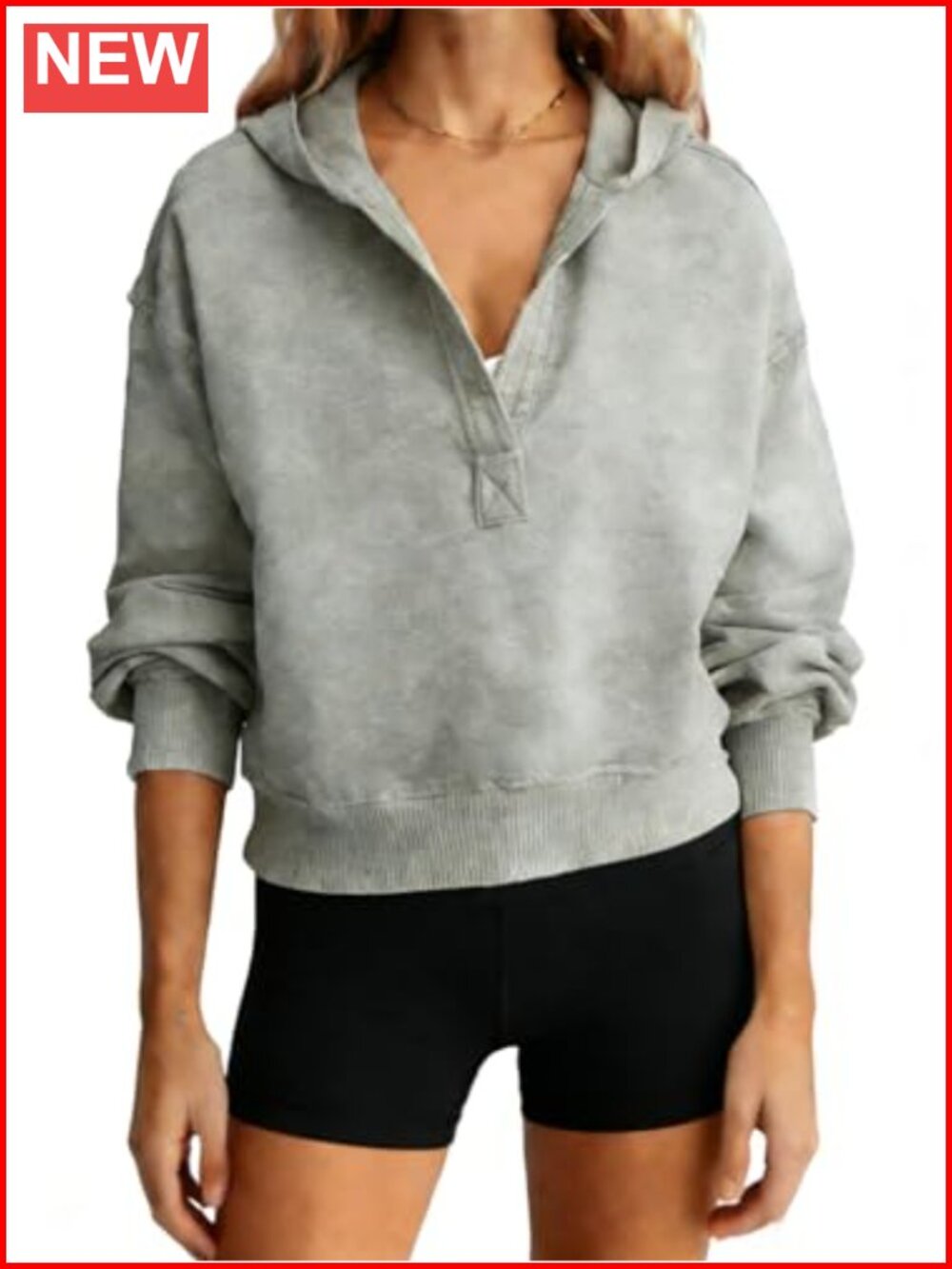 Women's Cropped V-Neck Pullover Hoodie Long Sleeve Sweatshirt